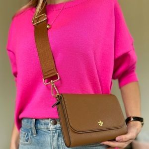 Tory Burch bag 2 straps crossbody camel color brown leather gold logo